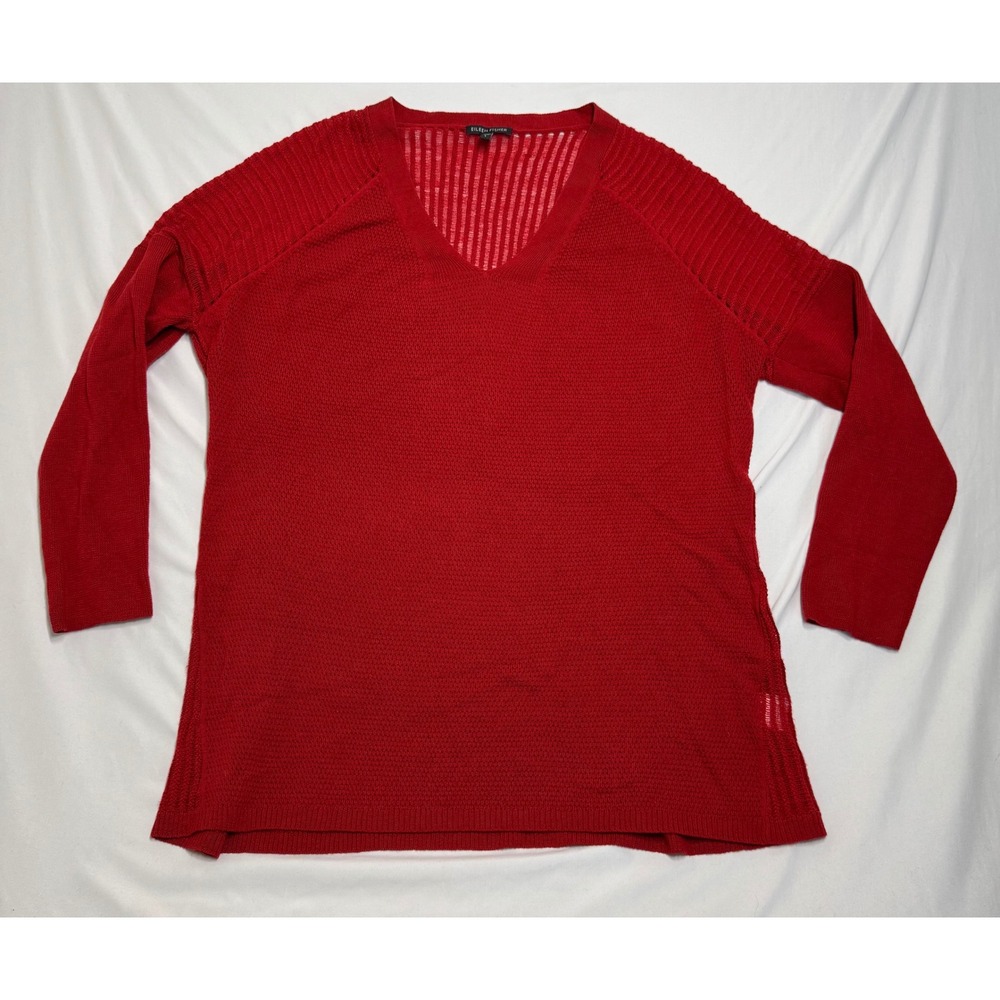 Eileen Fisher Red 100% Merino Wool V-Neck Knit Sweater Large Italian Yarn